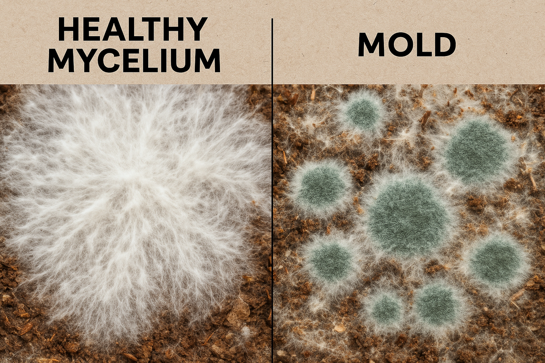 Close-up comparison of healthy white mycelium vs green mold in a mushroom grow bag, showing fluffy rhizomorphic texture and even colonization also showing green mold– Shroom Traders South Charleston WV.