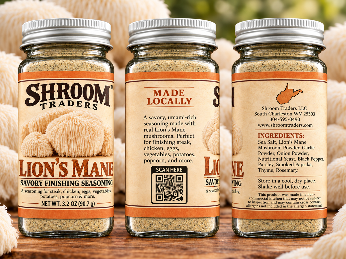 Front, side and ingredients of Lion’s Mane savory finishing seasoning